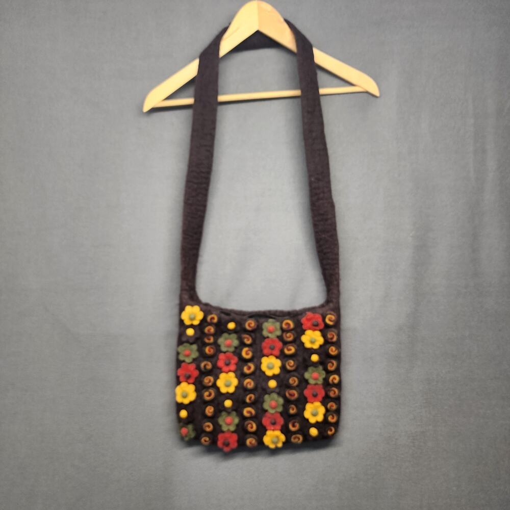Rising Tide Handmade Felted Wool Floral Embellished Purse Bag Boho Artsy Nepal